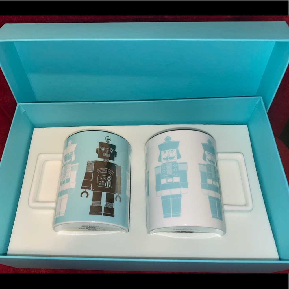 TIFFANY CHINA BONE CUPS 2018 LIMITED EDITION ROBOT + NUTCRACKER MUG SET